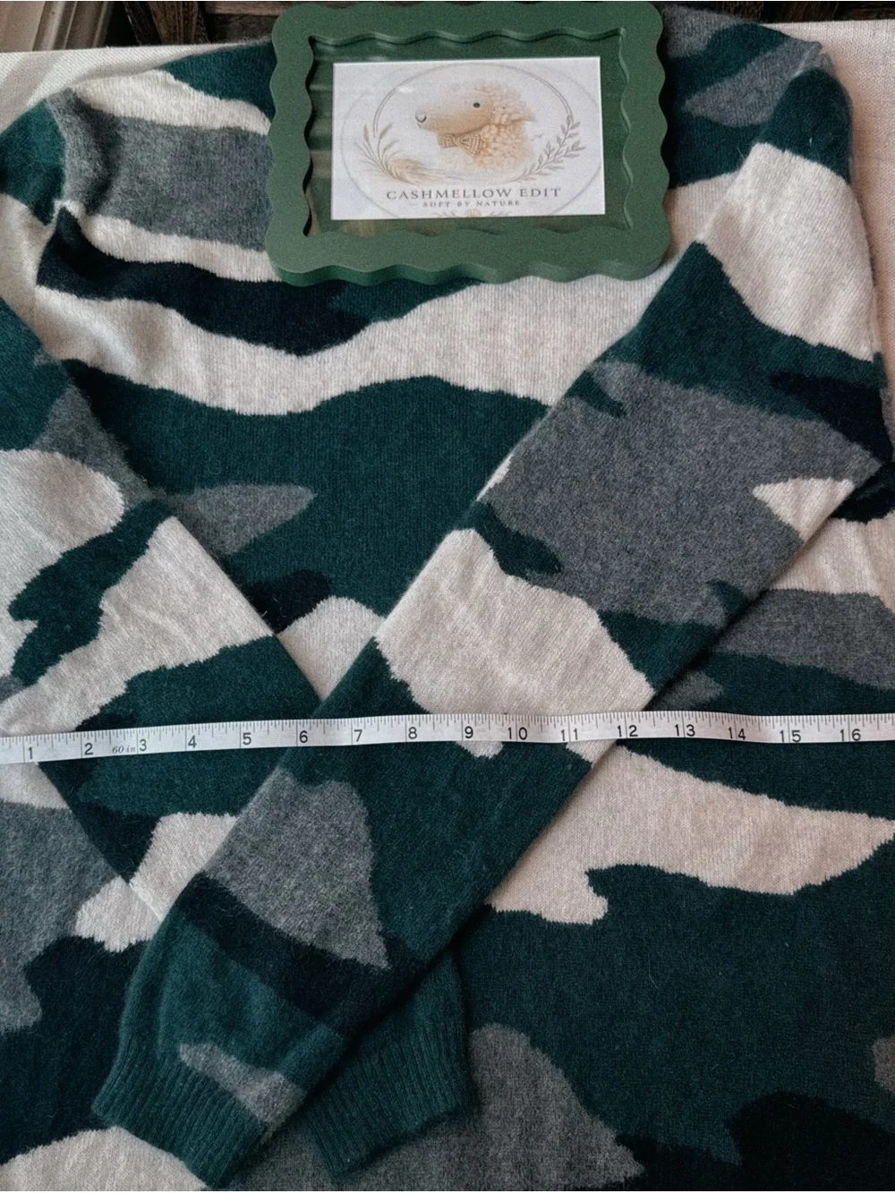 100% Cashmere by Aqua Teal, Gray & Cream Camo Crew Sweater - Picture 5 of 6